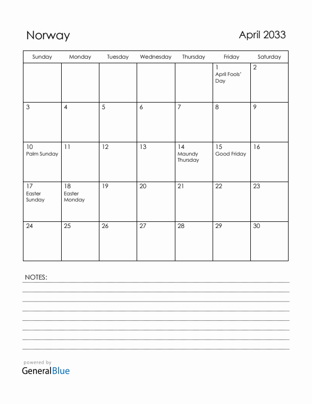 April 2033 Norway Calendar with Holidays (Sunday Start)