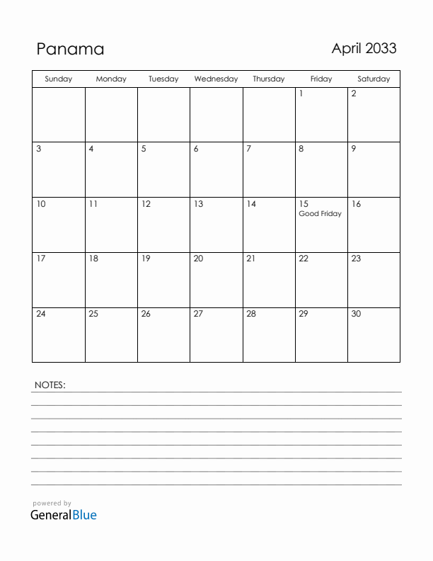 April 2033 Panama Calendar with Holidays (Sunday Start)