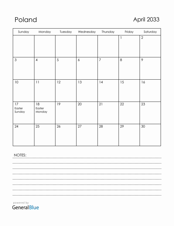 April 2033 Poland Calendar with Holidays (Sunday Start)