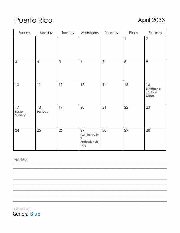 April 2033 Puerto Rico Calendar with Holidays (Sunday Start)