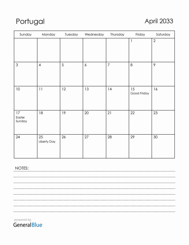 April 2033 Portugal Calendar with Holidays (Sunday Start)