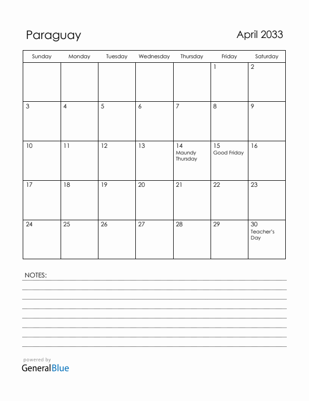 April 2033 Paraguay Calendar with Holidays (Sunday Start)