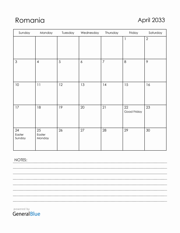 April 2033 Romania Calendar with Holidays (Sunday Start)