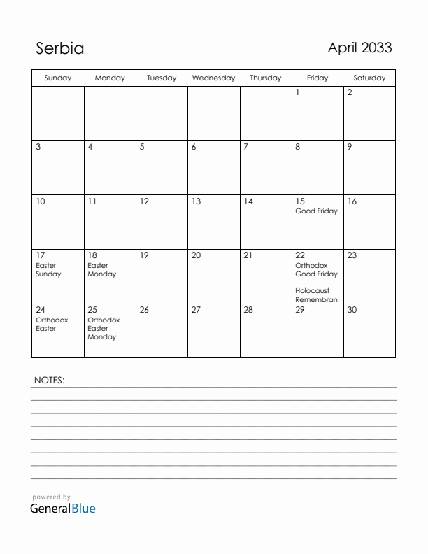 April 2033 Serbia Calendar with Holidays (Sunday Start)
