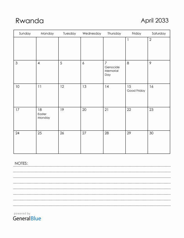 April 2033 Rwanda Calendar with Holidays (Sunday Start)