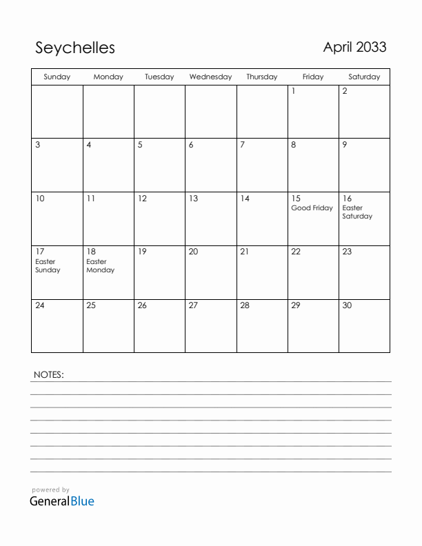 April 2033 Seychelles Calendar with Holidays (Sunday Start)