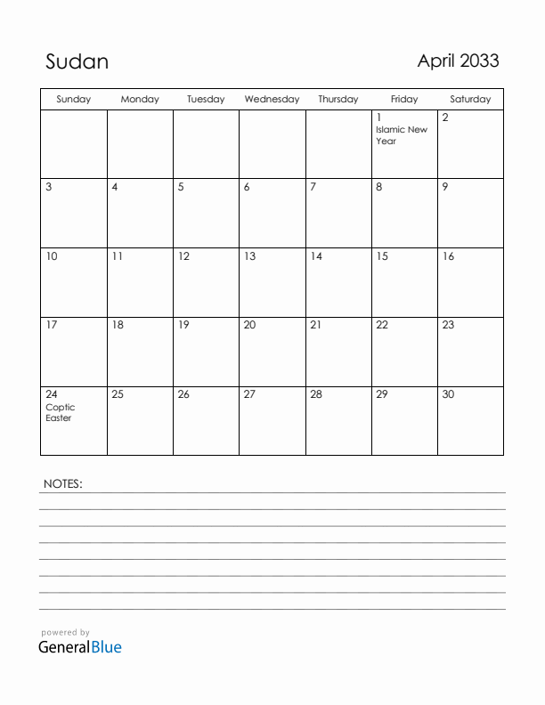 April 2033 Sudan Calendar with Holidays (Sunday Start)