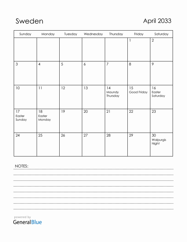 April 2033 Sweden Calendar with Holidays (Sunday Start)