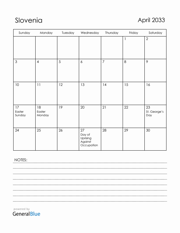 April 2033 Slovenia Calendar with Holidays (Sunday Start)