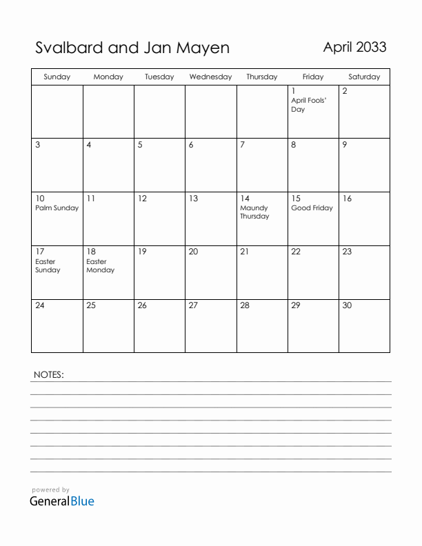 April 2033 Svalbard and Jan Mayen Calendar with Holidays (Sunday Start)