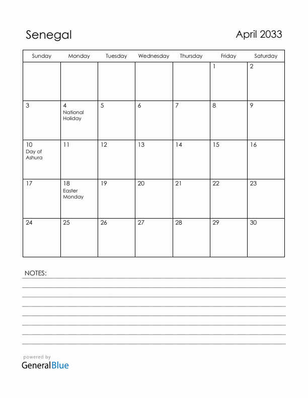 April 2033 Senegal Calendar with Holidays (Sunday Start)