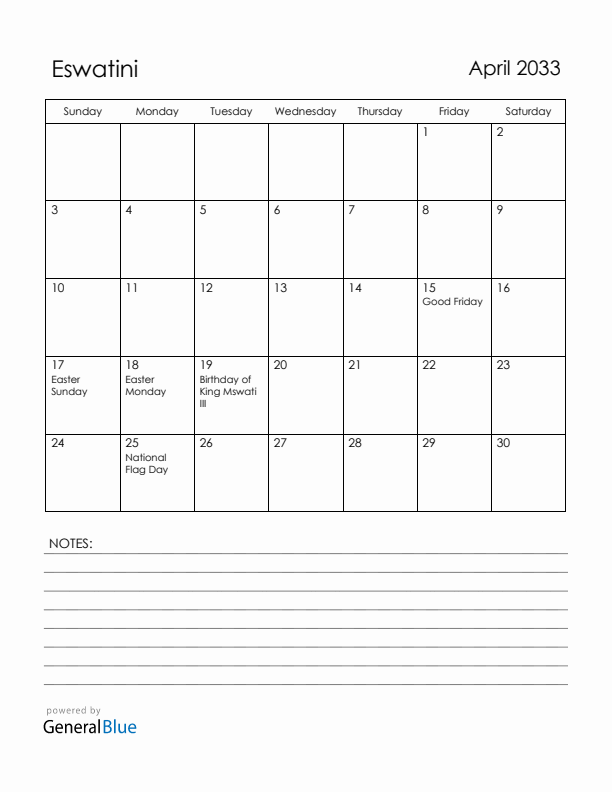 April 2033 Eswatini Calendar with Holidays (Sunday Start)