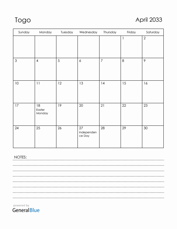 April 2033 Togo Calendar with Holidays (Sunday Start)