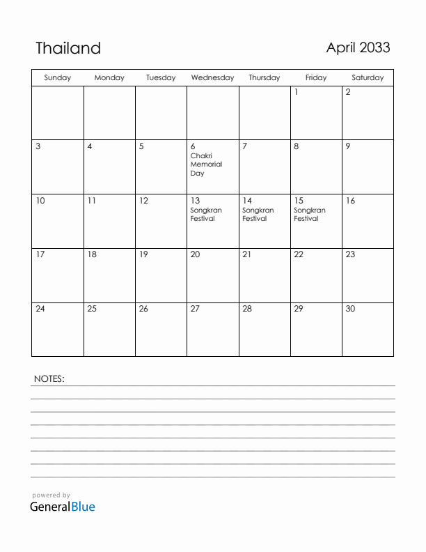 April 2033 Thailand Calendar with Holidays (Sunday Start)