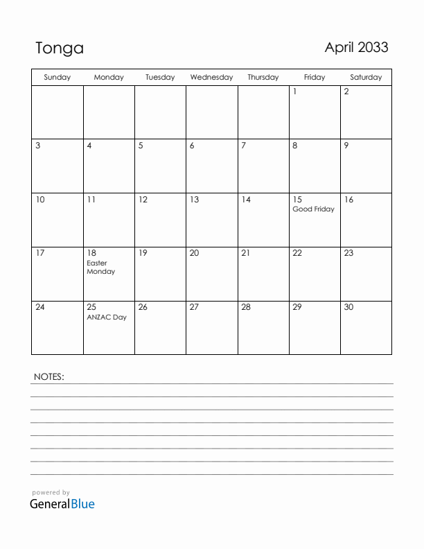 April 2033 Tonga Calendar with Holidays (Sunday Start)