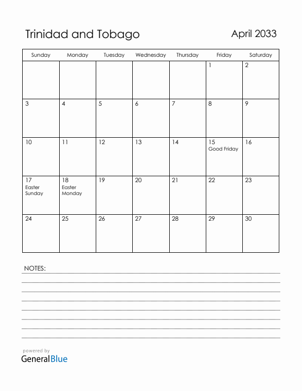 April 2033 Trinidad and Tobago Calendar with Holidays (Sunday Start)