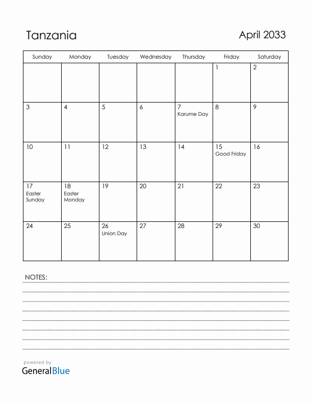 April 2033 Tanzania Calendar with Holidays (Sunday Start)