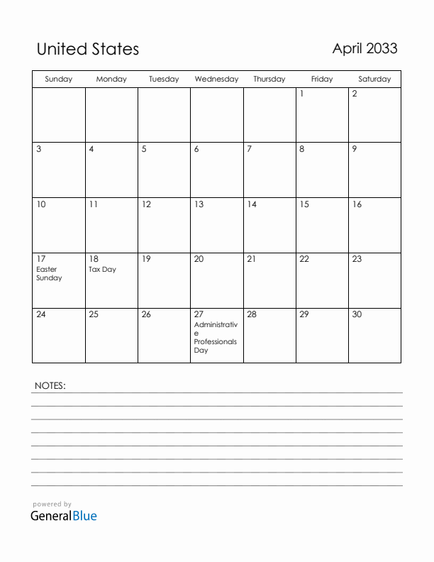 April 2033 United States Calendar with Holidays (Sunday Start)
