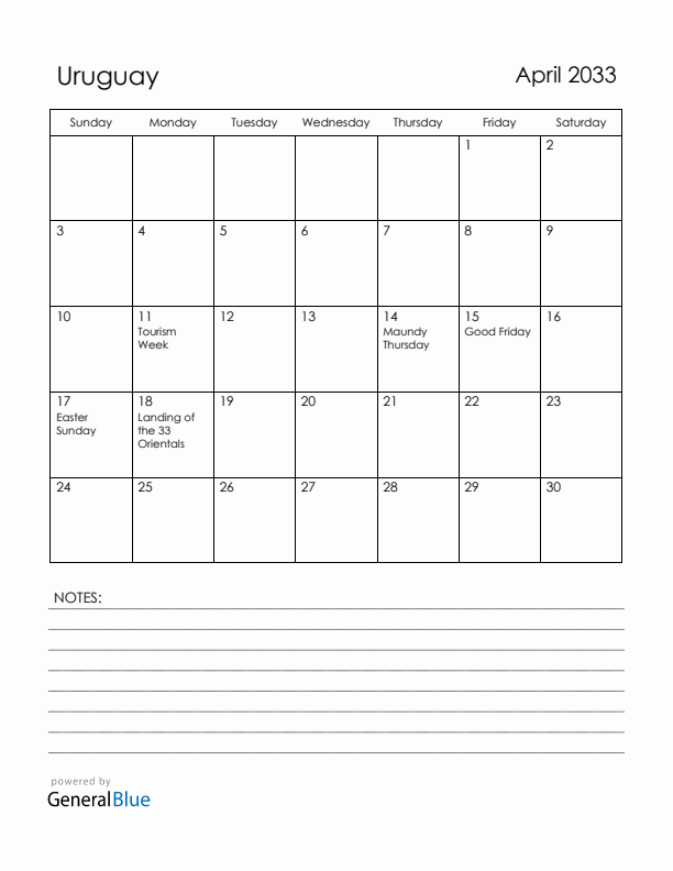 April 2033 Uruguay Calendar with Holidays (Sunday Start)