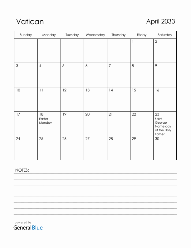 April 2033 Vatican Calendar with Holidays (Sunday Start)