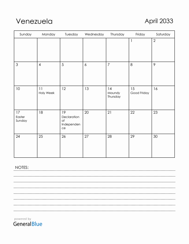 April 2033 Venezuela Calendar with Holidays (Sunday Start)