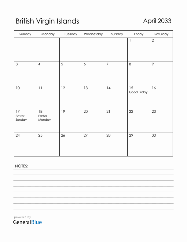 April 2033 British Virgin Islands Calendar with Holidays (Sunday Start)