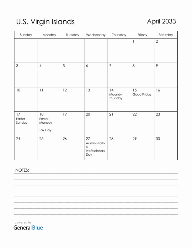 April 2033 U.S. Virgin Islands Calendar with Holidays (Sunday Start)