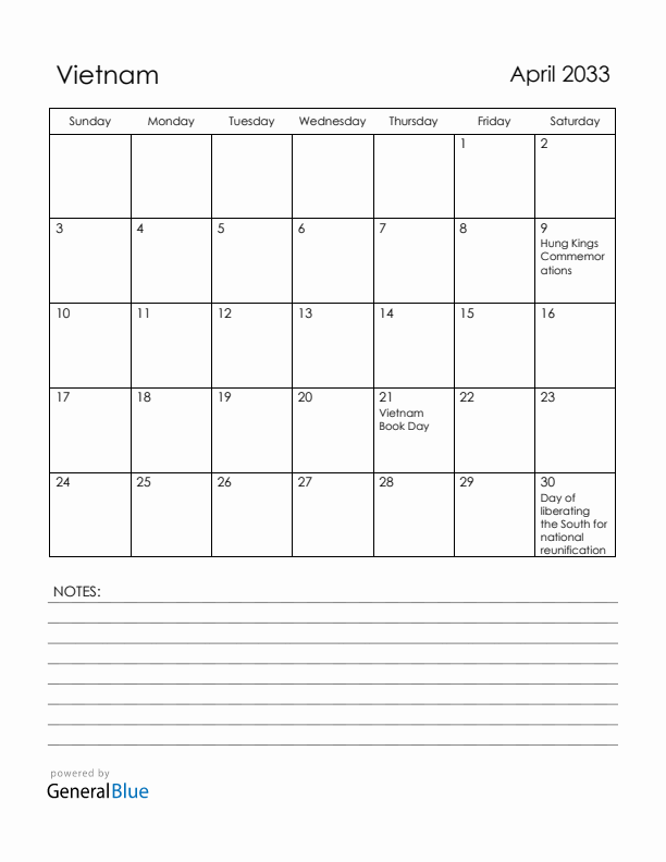 April 2033 Vietnam Calendar with Holidays (Sunday Start)