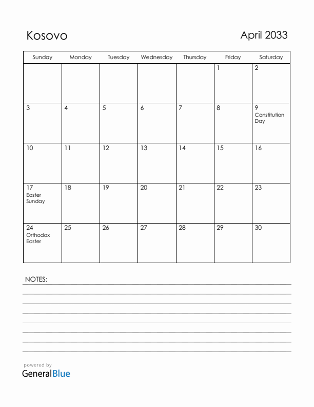 April 2033 Kosovo Calendar with Holidays (Sunday Start)