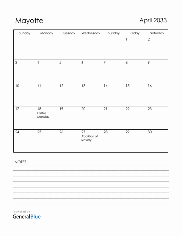 April 2033 Mayotte Calendar with Holidays (Sunday Start)