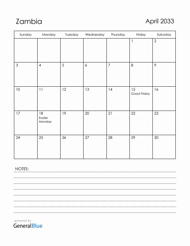 April 2033 Zambia Calendar with Holidays (Sunday Start)