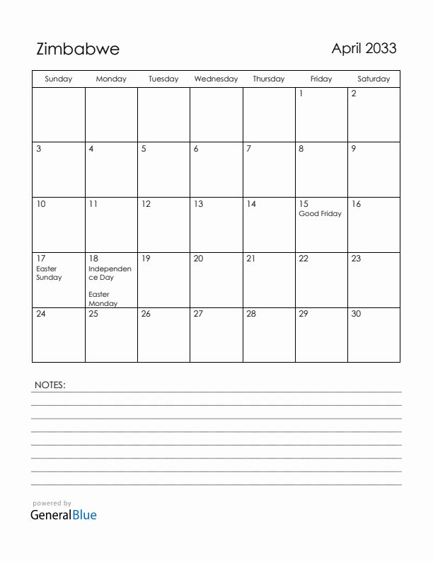 April 2033 Zimbabwe Calendar with Holidays (Sunday Start)