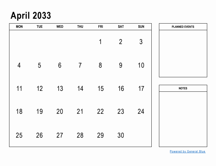 April 2033 Calendar Planner