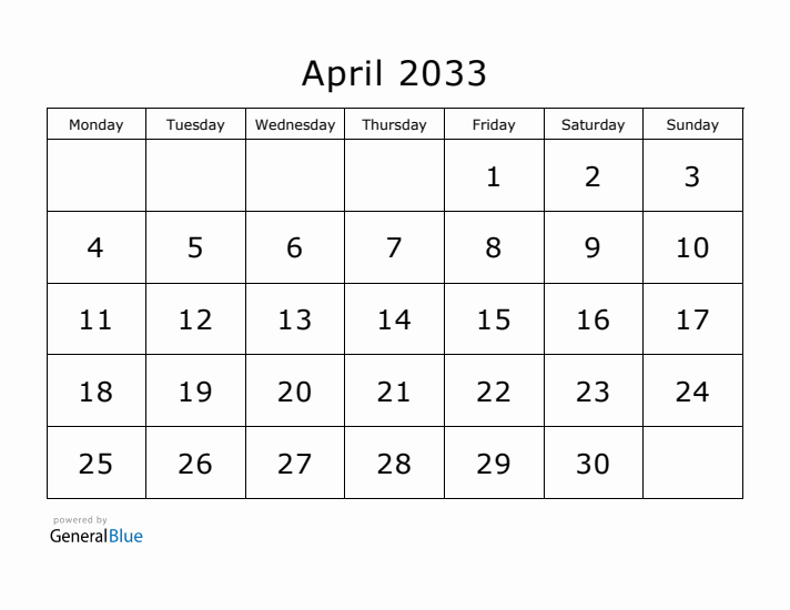 Printable April 2033 Calendar - Monday Start