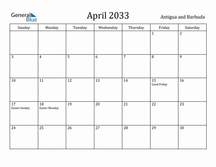 April 2033 Calendar Antigua and Barbuda