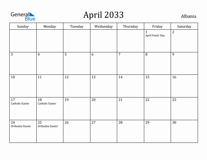 April 2033 Calendar Albania