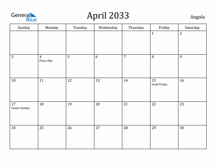 April 2033 Calendar Angola