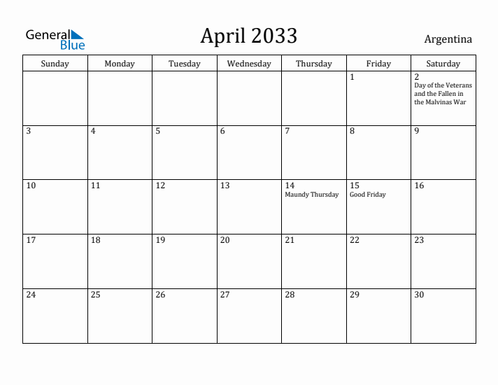 April 2033 Calendar Argentina