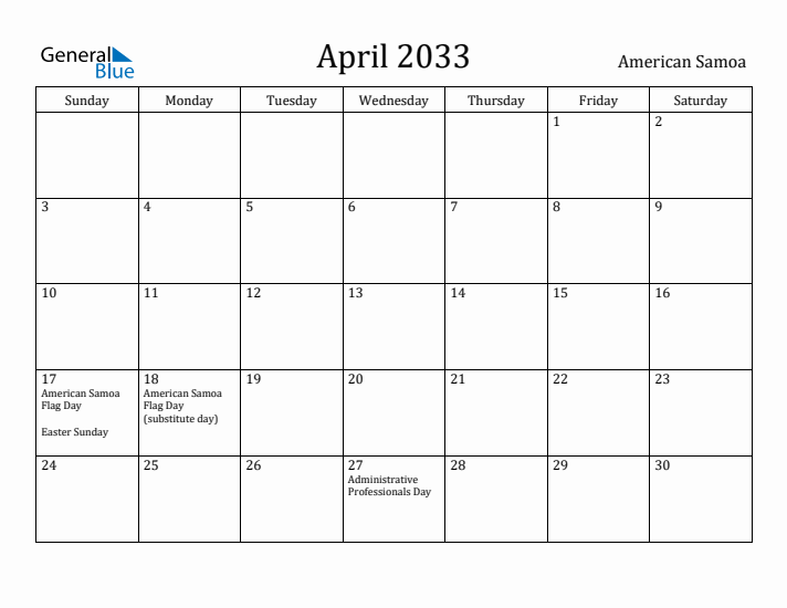 April 2033 Calendar American Samoa