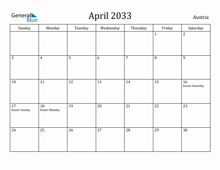 April 2033 Calendar Austria
