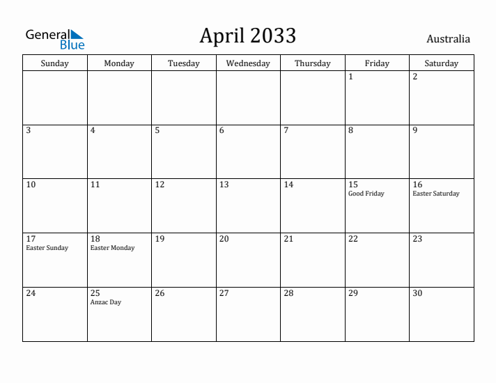 April 2033 Calendar Australia
