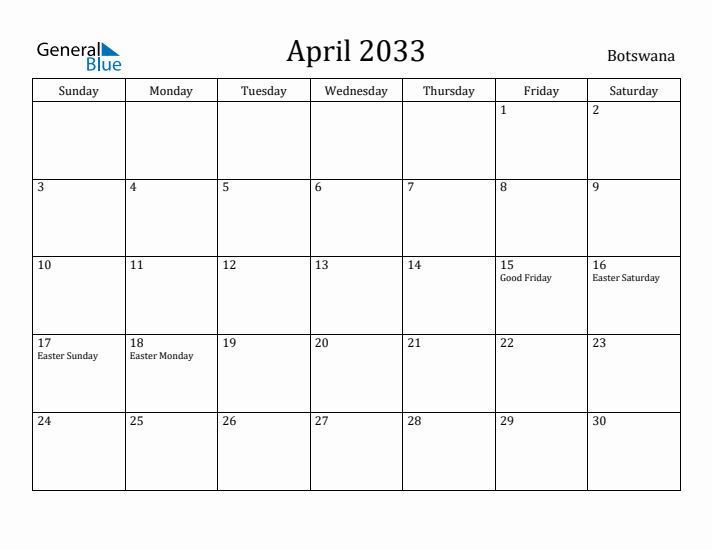 April 2033 Calendar Botswana