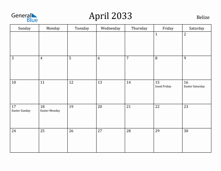 April 2033 Calendar Belize