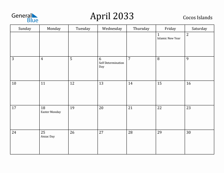 April 2033 Calendar Cocos Islands
