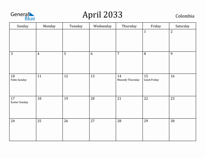 April 2033 Calendar Colombia
