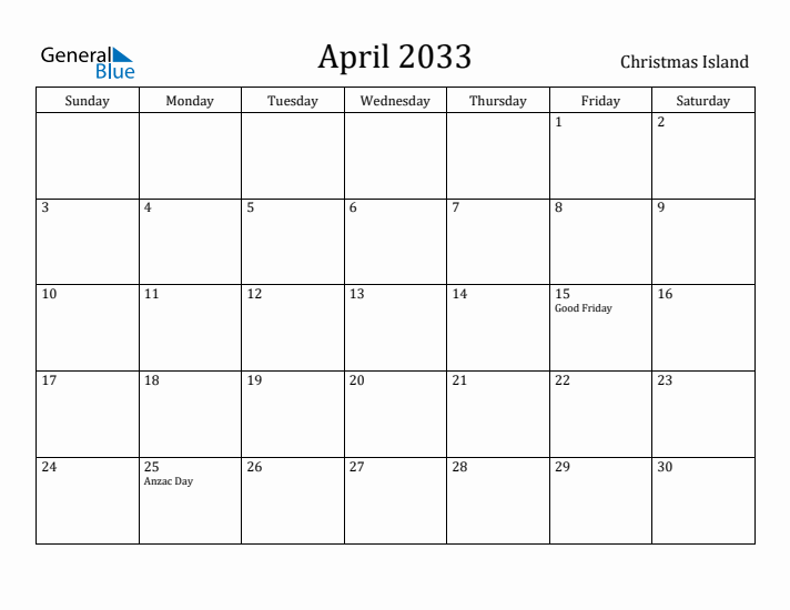 April 2033 Calendar Christmas Island