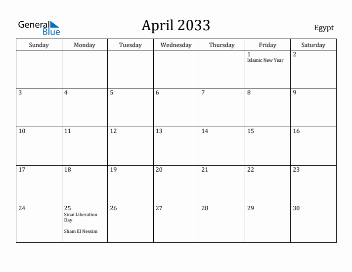 April 2033 Calendar Egypt