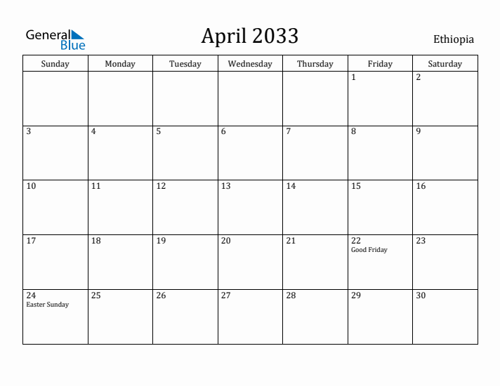 April 2033 Calendar Ethiopia