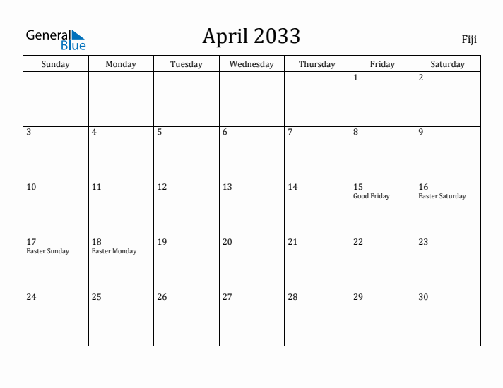 April 2033 Calendar Fiji