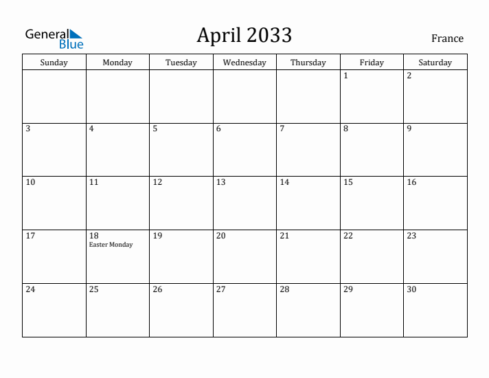 April 2033 Calendar France